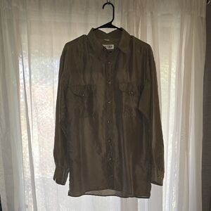 Long-Sleeve Olive Utility Button-Up Blouse